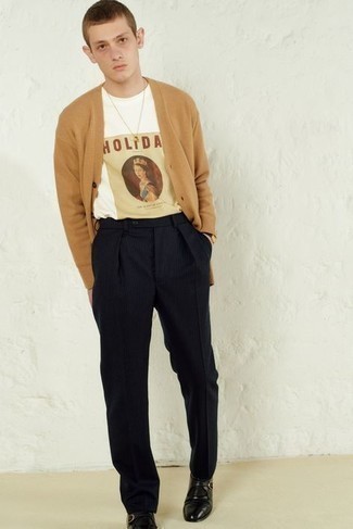 1200+ Outfits For Men In Their Teens: Rock a tan cardigan with navy chinos if you seek to look casually stylish without spending too much time. Put an elegant spin on an otherwise utilitarian ensemble with a pair of black leather monks. Wear this getup to achieve a more mature look as a teenager.
