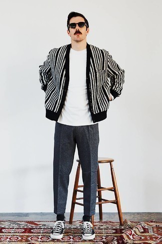 Men's Black and White Cardigan, White Crew-neck T-shirt, Charcoal Wool Dress Pants, Black and White Canvas High Top Sneakers