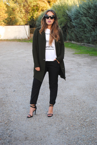 Olive Cardigan Outfits For Women: So as you can see, looking seriously stylish doesn't take that much work. Make an olive cardigan and black dress pants your outfit choice and you'll look seriously stylish. Add a pair of black leather heeled sandals to the mix for extra style points.