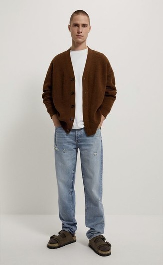 Jeans Outfits For Men: Wear a brown knit cardigan with jeans for a laid-back take on day-to-day combinations. Feeling inventive? Tone down this look by slipping into dark brown leather sandals.