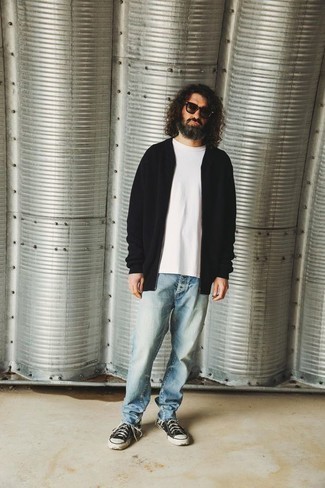 Men's Black Cardigan, White Crew-neck T-shirt, Light Blue Jeans, Black and White Canvas Low Top Sneakers