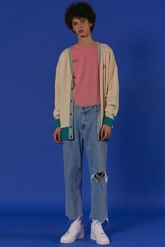 Men's Beige Cardigan, Pink Crew-neck T-shirt, Blue Ripped Jeans, White Leather Low Top Sneakers