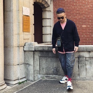 Men's Navy Cardigan, Pink Crew-neck T-shirt, Charcoal Jeans, White and Navy Athletic Shoes