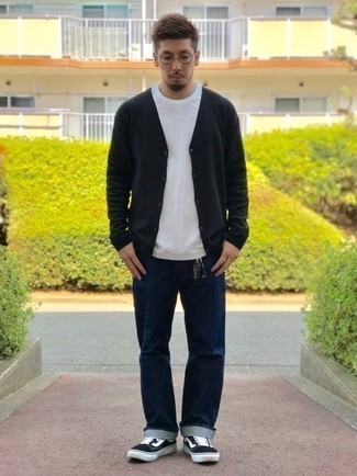 Men's Black Cardigan, White Crew-neck T-shirt, Navy Jeans, Black and White Canvas Low Top Sneakers