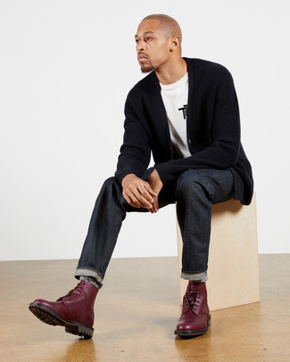 Grey Wool Socks Outfits For Men: If you love street style ensembles, why not marry a black cardigan with grey wool socks? Burgundy leather brogue boots will instantly polish off even the simplest ensemble.