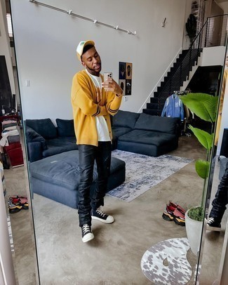 Men's Mustard Cardigan, White Print Crew-neck T-shirt, Black Jeans, Black and White Canvas High Top Sneakers