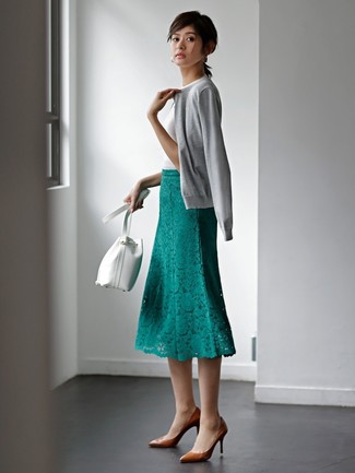 Women's Grey Cardigan, White Crew-neck T-shirt, Green Lace Midi Skirt, Brown Leather Pumps