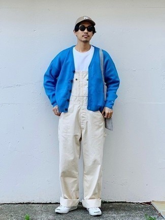 Men's Blue Cardigan, White Crew-neck T-shirt, Beige Overalls, White Canvas Low Top Sneakers