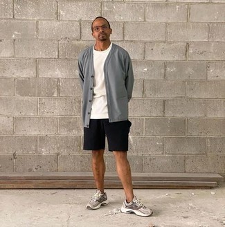 Cardigan Outfits For Men: Wear a cardigan and black shorts to create a neat and relaxed look. And if you need to immediately dress down this ensemble with footwear, why not complement this ensemble with grey athletic shoes?