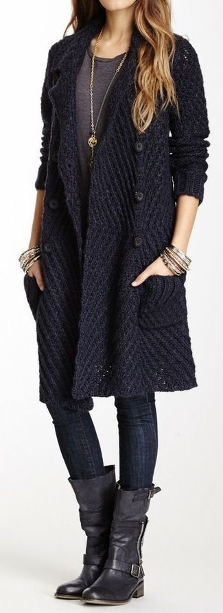 Women's Navy Knit Cardigan, Charcoal Crew-neck T-shirt, Black Skinny Jeans, Black Leather Knee High Boots