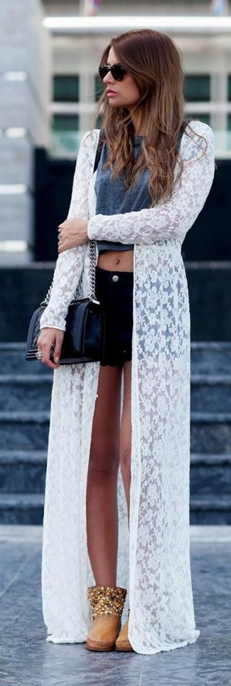 Black Denim Shorts Outfits For Women: This combination of a white lace cardigan and black denim shorts will be hard proof of your styling skills even on dress-down days. When not sure as to the footwear, complete this outfit with a pair of tan embellished leather ankle boots.