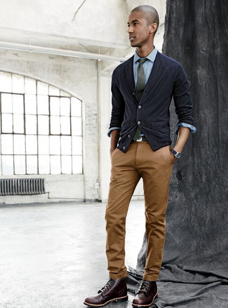 Men's Black Cardigan, Light Blue Chambray Dress Shirt, Brown Chinos, Dark Brown Leather Casual Boots