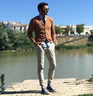 Men's Tan Cardigan, White and Blue Horizontal Striped Dress Shirt, Beige Chinos, Navy and White Canvas High Top Sneakers
