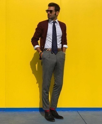 Brown Print Leather Belt Outfits For Men: A burgundy cardigan and a brown print leather belt are the perfect foundation for a cool and casual outfit. Dark brown suede desert boots will bring an air of polish to an otherwise mostly dressed-down outfit.