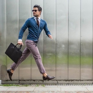 Violet Chinos Outfits: Such essentials as a blue cardigan and violet chinos are an easy way to introduce extra cool into your daily casual collection. Take your look down a whole other path by sporting dark brown leather double monks.