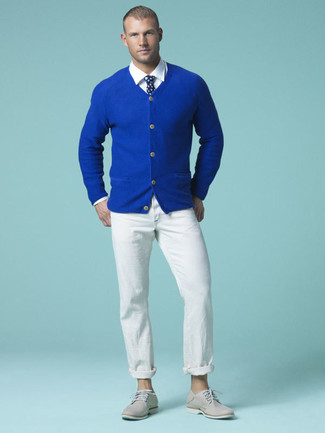 Men's Blue Cardigan, White Dress Shirt, White Chinos, Grey Suede Derby Shoes