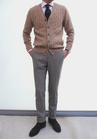 Tan Cardigan Outfits For Men: Wear a tan cardigan and grey dress pants for devastatingly dapper attire. For a more relaxed feel, add a pair of black suede desert boots to the equation.