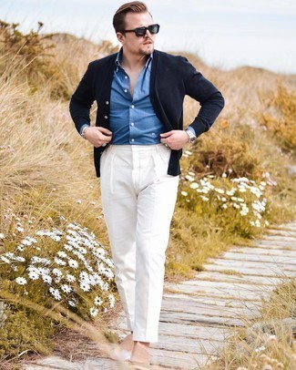 Blue Cardigan Outfits For Men: This combination of a blue cardigan and white dress pants is a foolproof option when you need to look sophisticated and incredibly stylish. Complement this outfit with tan suede loafers and the whole outfit will come together quite nicely.