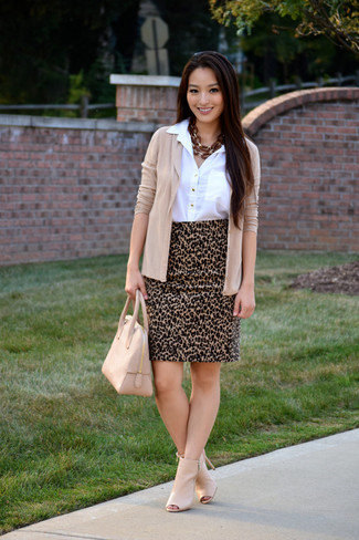 Tan Cutout Leather Ankle Boots Outfits: A beige cardigan and a tan leopard pencil skirt are absolute wardrobe heroes if you're putting together a smart casual wardrobe that holds to the highest style standards. Look at how great this look is completed with tan cutout leather ankle boots.
