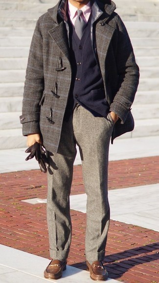 Grey Wool Dress Pants with Brown Leather Loafers Outfits For Men: 