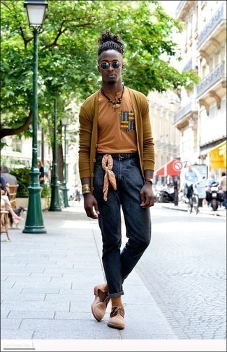 Navy Woven Leather Belt Outfits For Men: This is hard proof that a mustard cardigan and a navy woven leather belt look amazing when paired together in a relaxed ensemble. Beige suede derby shoes will bring a hint of polish to an otherwise mostly dressed-down getup.