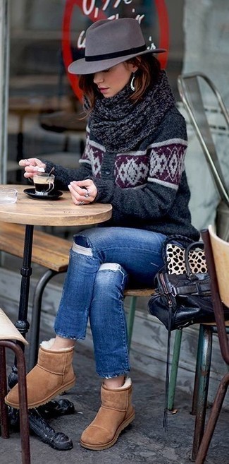 Women's Charcoal Print Cardigan, Blue Ripped Jeans, Tan Uggs, Black Leather Tote Bag