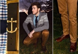 Men's Grey Fair Isle Cardigan, White and Navy Gingham Long Sleeve Shirt, Tobacco Chinos, Brown Leather Casual Boots