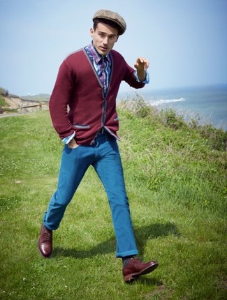 Men's Burgundy Cardigan, Multi colored Plaid Long Sleeve Shirt, Blue Chinos, Burgundy Leather Derby Shoes