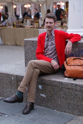 Men's Red Cardigan, Red Plaid Long Sleeve Shirt, Brown Chinos, Dark Brown Leather Brogues