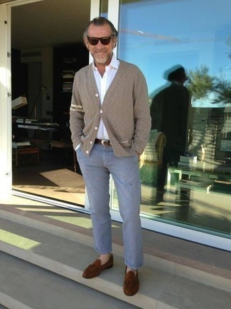 Men's Brown Cardigan, White Long Sleeve Shirt, Grey Chinos, Tobacco Suede Tassel Loafers