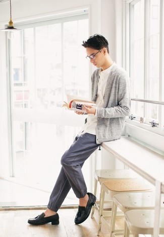 Navy Check Chinos Outfits: If you're looking for an off-duty yet seriously stylish outfit, try teaming a grey cardigan with navy check chinos. Clueless about how to finish this ensemble? Wear black leather tassel loafers to amp it up a notch.