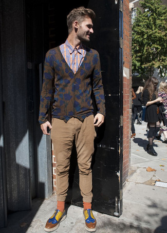 Men's Brown Floral Cardigan, Orange Plaid Long Sleeve Shirt, Brown Chinos, Multi colored Derby Shoes