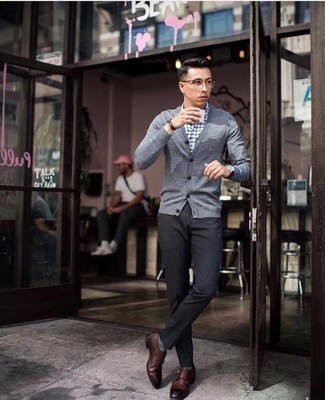 Burgundy Leather Double Monks Outfits: Team a grey cardigan with charcoal chinos if you seek to look casually dapper without exerting much effort. Introduce burgundy leather double monks to the mix to instantly spice up the outfit.