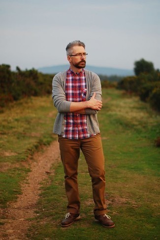 Men's Grey Cardigan, White and Red and Navy Plaid Long Sleeve Shirt, Tobacco Chinos, Brown Leather Derby Shoes