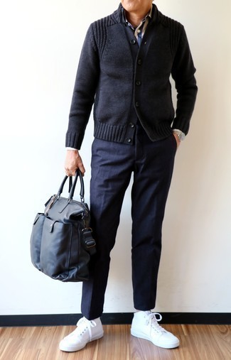 Navy Cardigan Outfits For Men: You'll be surprised at how easy it is for any gentleman to get dressed like this. Just a navy cardigan combined with navy chinos. Tone down the dressiness of this outfit with a pair of white canvas high top sneakers.