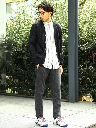 Men's Charcoal Cardigan, White Vertical Striped Long Sleeve Shirt, Grey Wool Chinos, White and Navy Canvas Low Top Sneakers