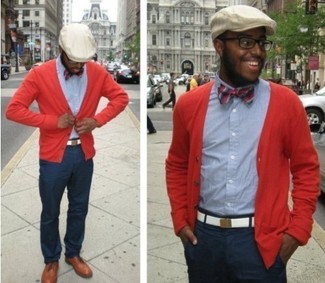 Men's Red Cardigan, Blue Chambray Long Sleeve Shirt, Navy Chinos, Tan Leather Brogues