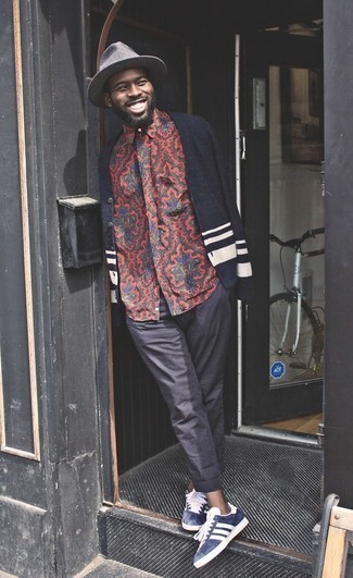 Men's Black and White Cardigan, Red Paisley Long Sleeve Shirt, Charcoal Chinos, Navy and White Suede Low Top Sneakers