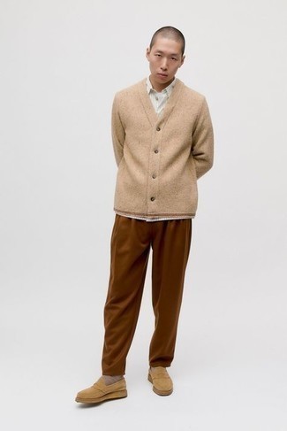 Men's Tan Cardigan, White Vertical Striped Long Sleeve Shirt, Brown Chinos, Tan Suede Loafers