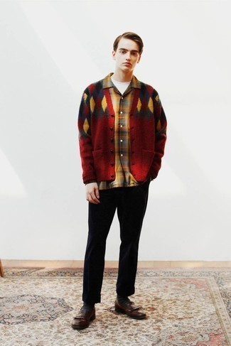 Brown Fringe Leather Loafers Outfits For Men: Team a burgundy argyle cardigan with black dress pants - this look is bound to make a bold statement. For extra fashion points, complete your outfit with a pair of brown fringe leather loafers.