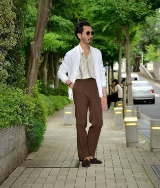 Men's White Cardigan, Beige Vertical Striped Long Sleeve Shirt, Brown Dress Pants, Dark Brown Suede Tassel Loafers