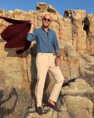 Burgundy Cardigan Outfits For Men: A burgundy cardigan and beige dress pants are among the crucial elements in any guy's closet. Dark brown woven leather tassel loafers integrate nicely within plenty of looks.