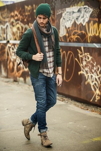 Men's Dark Green Cardigan, Brown Plaid Long Sleeve Shirt, Navy Jeans, Tan Suede Casual Boots