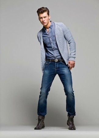 Men's Grey Cardigan, Blue Chambray Long Sleeve Shirt, Blue Jeans, Dark Brown Leather Casual Boots