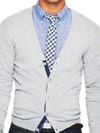 Men's Grey Cardigan, Light Blue Chambray Long Sleeve Shirt, Black Skinny Jeans, White and Navy Gingham Tie