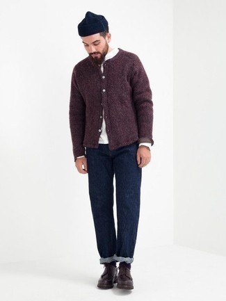 Men's Burgundy Knit Cardigan, White Long Sleeve T-Shirt, Navy Jeans, Burgundy Leather Derby Shoes