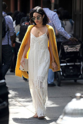 Yellow Mohair Cardigan Outfits For Women: Why not team a yellow mohair cardigan with a white crochet maxi dress? Both of these pieces are totally functional and will look wonderful teamed together.