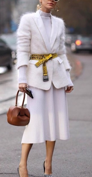 White Knit Midi Dress Outfits: This combination of a white knit midi dress and a white mohair cardigan is pulled together and yet it's functional and ready for anything. Grey leather pumps tie the look together.