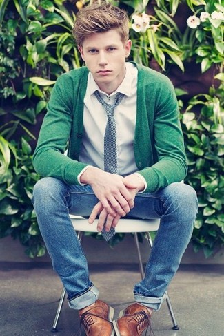 Men's Green Cardigan, White Polo, Blue Jeans, Tan Leather Brogues