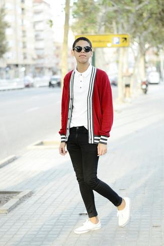 Short V Neck Cardigan With 4 Bar Stripe In Red Cashmere